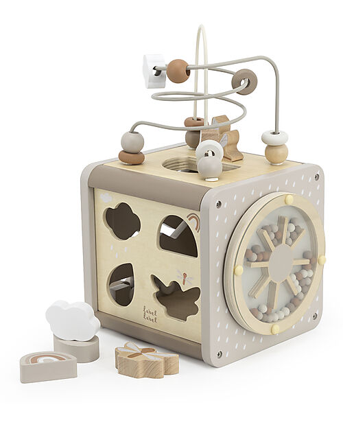 Label Label Cubo Attività in Legno - Beige - 5 in 1 - Legno di Faggio Certificato FSC Incastri in Legno