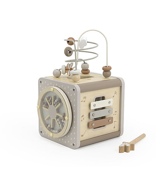 Label Label Cubo Attività in Legno - Beige - 5 in 1 - Legno di Faggio Certificato FSC Incastri in Legno