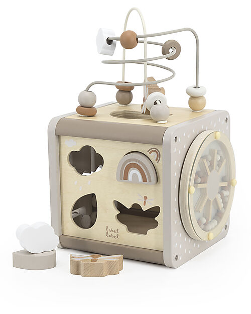 Label Label Cubo Attività in Legno - Beige - 5 in 1 - Legno di Faggio Certificato FSC Incastri in Legno