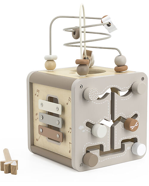 Label Label Cubo Attività in Legno - Beige - 5 in 1 - Legno di Faggio Certificato FSC Incastri in Legno