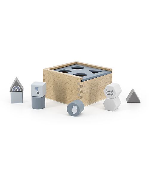 Label Label Scatola Forme Geometriche a Incastro in Legno - Blu - Legno di Faggio Certificato FSC Incastri in Legno