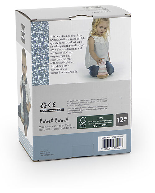 Label Label Torre Anelli Impilabili in Legno - Azzurro - Legno di Faggio Certificato FSC Incastri in Legno