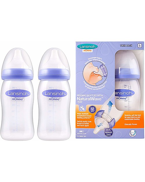 Lansinoh Confezione da 2 Biberon - Tettarella Natural Wave - 240 ml - Dalla Nascita - Senza BPA e BPS Biberon_