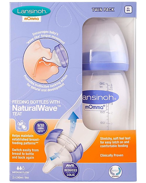Lansinoh Confezione da 2 Biberon - Tettarella Natural Wave - 240 ml - Dalla Nascita - Senza BPA e BPS Biberon_