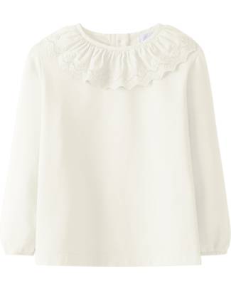 Laranjinha Maglia Maniche Lunghe - Panna - in Cotone - Dettagli Ricamati sul Colletto Maglie Manica Lunga