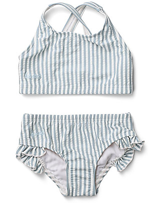 Liewood Bikini Bimba Increspato con Volant Juliet - Righe Blu Mare/Bianco - UV 50+ Costumi Due Pezzi
