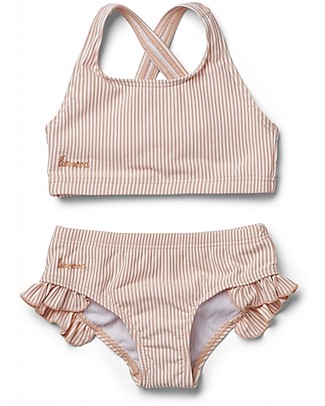 Liewood Bikini Bimba Increspato con Volant Juliet - Righe Rosa Corallo/Crema - UV 50+ Costumi Due Pezzi