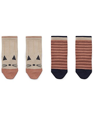 Liewood Calzini Silas, Gatto/ Righe Rosso Corallo, pacco da 2 - Cotone Elasticizzato Calzini