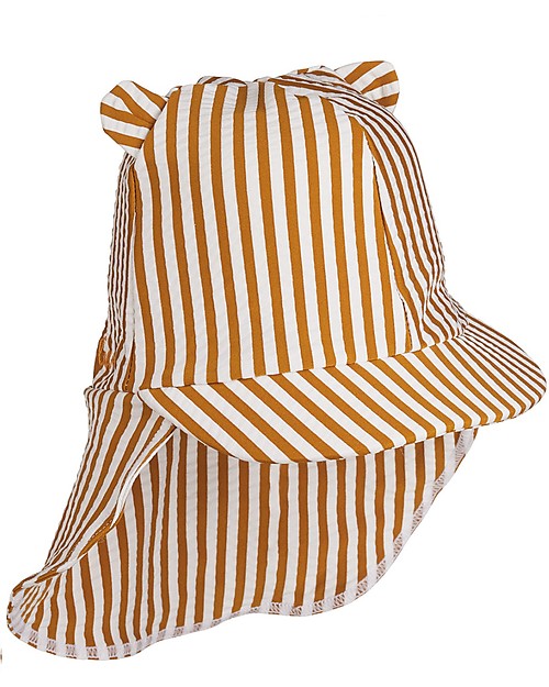 Liewood Cappellino Stile Legionario con Orecchie Senia Seersucker - Righe Senape/Bianco - Tessuto swimwear certificato! Cappelli Estivi
