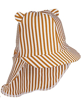 Liewood Cappellino Stile Legionario con Orecchie Senia Seersucker - Righe Senape/Bianco - Tessuto swimwear certificato! Cappelli Estivi