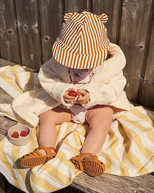 Liewood Cappellino Stile Legionario con Orecchie Senia Seersucker - Righe Senape/Bianco - Tessuto swimwear certificato! Cappelli Estivi