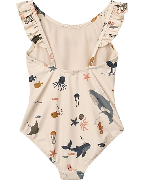 Liewood Costume Intero Kallie - Creature del Mare - Sabbia - UV 40+ - Materiale Riciclato Costumi Interi