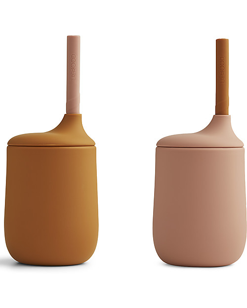 Liewood Pacco da 2 Bicchieri con Cannuccia Ellis in Silicone - Rosa Scuro e Senape Bicchieri