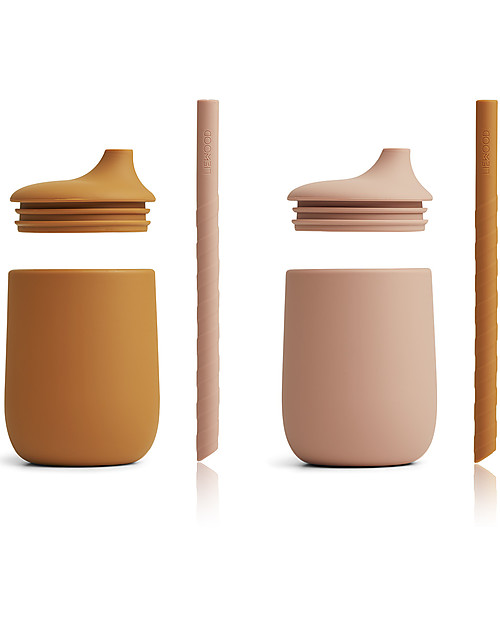 Liewood Pacco da 2 Bicchieri con Cannuccia Ellis in Silicone - Rosa Scuro e Senape Bicchieri