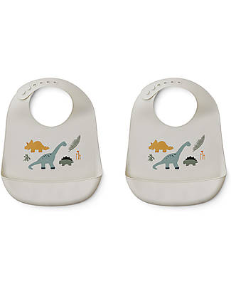 Liewood Set da 2 Bavagli Impermeabili con Tasca Tilda - Dinosauro - Sabbia Scuro - Silicone Bavagli Impermeabili con Tasca