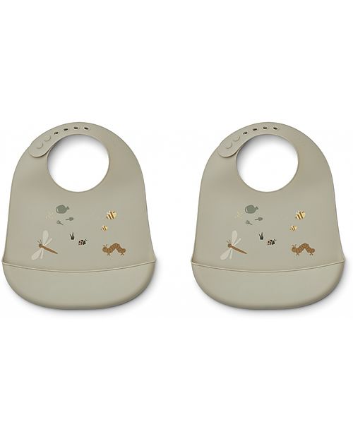 Liewood Set da 2 Bavagli Impermeabili con Tasca Tilda - Natura - Grigio Chiaro - Silicone Bavagli Impermeabili con Tasca