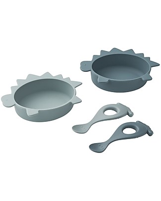 Liewood Set Pappa Evan - 2 Ciotole Iggy + 2 Cucchiai Liva - Dino Blue Mix - 100% Silicone Set Pappa