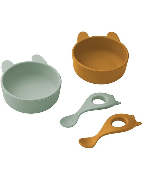 Liewood Set Pappa Evan - 2 Ciotole Iggy + 2 Cucchiai Liva - Rabbit Mustard/Peppermint Mix - 100% Silicone Set Pappa