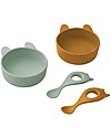 Liewood Set Pappa Evan - 2 Ciotole Iggy + 2 Cucchiai Liva - Rabbit Mustard/Peppermint Mix - 100% Silicone Set Pappa