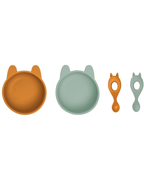 Liewood Set Pappa Evan - 2 Ciotole Iggy + 2 Cucchiai Liva - Rabbit Mustard/Peppermint Mix - 100% Silicone Set Pappa