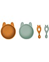 Liewood Set Pappa Evan - 2 Ciotole Iggy + 2 Cucchiai Liva - Rabbit Mustard/Peppermint Mix - 100% Silicone Set Pappa