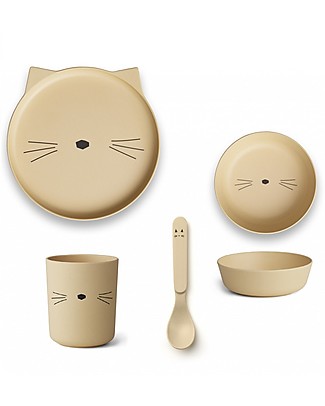 Liewood Set Pappa in Bambù, 4 Pezzi - Gattino Giallo Piatti e Scodelle