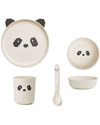 Liewood Set Pappa in Bambù, 4 Pezzi - Panda Bianco e Nero Piatti e Scodelle