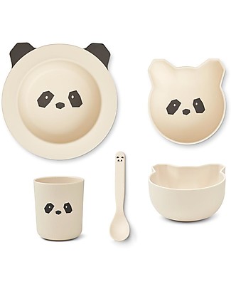 Liewood Set Pappa Joana Baby - Panda Creme de la Creme - Crema - Set 4 Pezzi - 100% Biodegradabile! Set Pappa