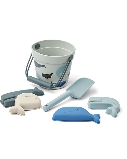 Liewood Set Spiaggia Dante - Balene- Azzurro - Secchiello+Paletta+Formine Giochi da Spiaggia