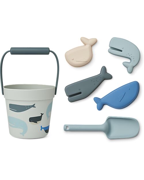 Liewood Set Spiaggia Dante - Balene- Azzurro - Secchiello+Paletta+Formine Giochi da Spiaggia