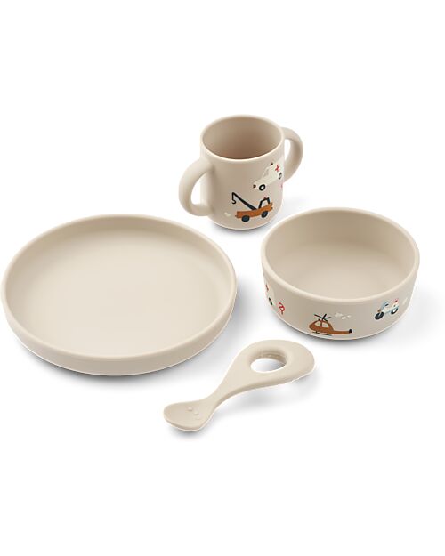 Liewood Set Stoviglie Vivi - Veicoli di Emergenza -  Sabbia - 100% Silicone Set Pappa
