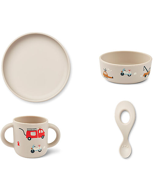 Liewood Set Stoviglie Vivi - Veicoli di Emergenza -  Sabbia - 100% Silicone Set Pappa