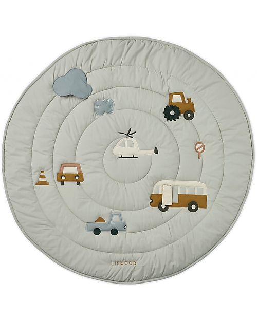 Liewood Tappeto di Attività Gitta - Vehicles/Dove Blue Mix - Cotone Bio - Diametro 100 cm - Aiuta lo Sviluppo Sensoriale e la Curiosità! Tappeti Gioco Imbottiti