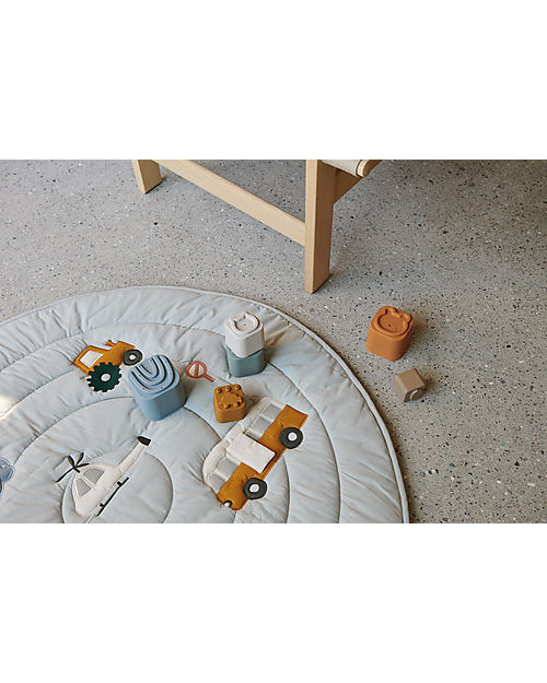 Liewood Tappeto di Attività Gitta - Vehicles/Dove Blue Mix - Cotone Bio - Diametro 100 cm - Aiuta lo Sviluppo Sensoriale e la Curiosità! Tappeti Gioco Imbottiti