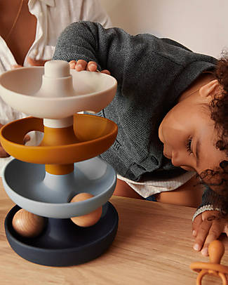 Liewood Torre Palline Maya - Blu - 100% Silicone - 2 Sfere Legno di Faggio Giochi Montessoriani