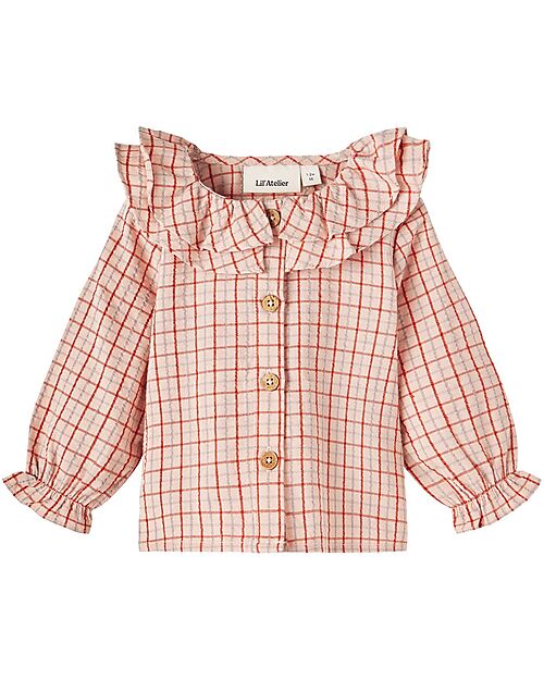 Lil Atelier Blusa con Volant - Fantasia Quadri - Baked Clay - 100% Cotone Bio Bluse