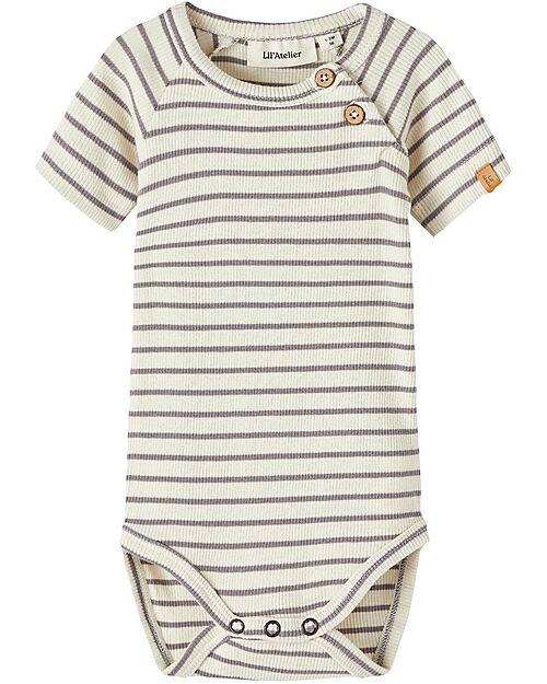 Lil Atelier Body a Righe con Bottoni - Panna e Tortora - Cotone Organico Body Manica Corta