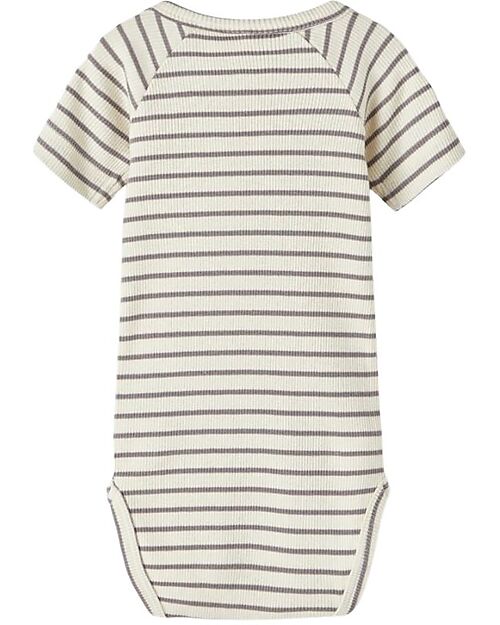 Lil Atelier Body a Righe con Bottoni - Panna e Tortora - Cotone Organico Body Manica Corta
