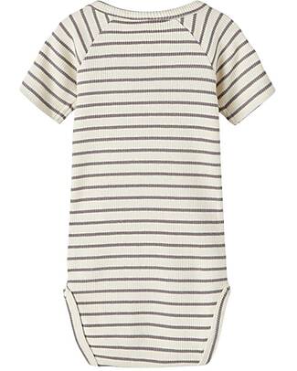 Lil Atelier Body a Righe con Bottoni - Panna e Tortora - Cotone Organico Body Manica Corta