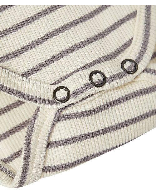 Lil Atelier Body a Righe con Bottoni - Panna e Tortora - Cotone Organico Body Manica Corta
