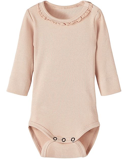 Lil Atelier Body Manica Lunga con Dettagli in Pizzo - Rosa - Cotone Body Manica Lunga