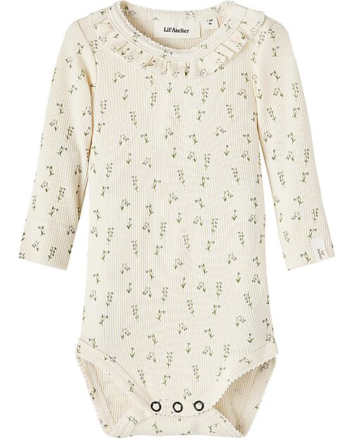 Lil Atelier Body Maniche Lunghe - Fiori - con Volant - Whitecap Gray - Cotone Bio Body Manica Lunga