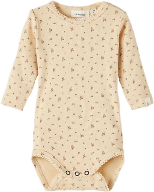 Lil Atelier Body Maniche Lunghe - Fiori - con Volant - Wood Ash - Cotone Bio Body Manica Lunga