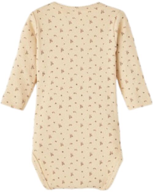 Lil Atelier Body Maniche Lunghe - Fiori - con Volant - Wood Ash - Cotone Bio Body Manica Lunga