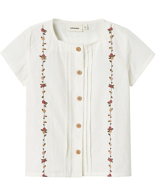 Lil Atelier Camicia Maniche Corte - Bianco - Fiori - Colletto alla Coreana - 100% Cotone Bio Camicie_