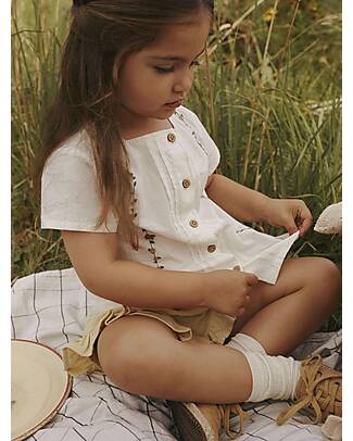 Lil Atelier Camicia Maniche Corte - Bianco - Fiori - Colletto alla Coreana - 100% Cotone Bio Camicie_