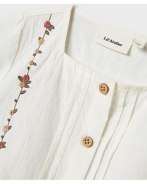 Lil Atelier Camicia Maniche Corte - Bianco - Fiori - Colletto alla Coreana - 100% Cotone Bio Camicie_