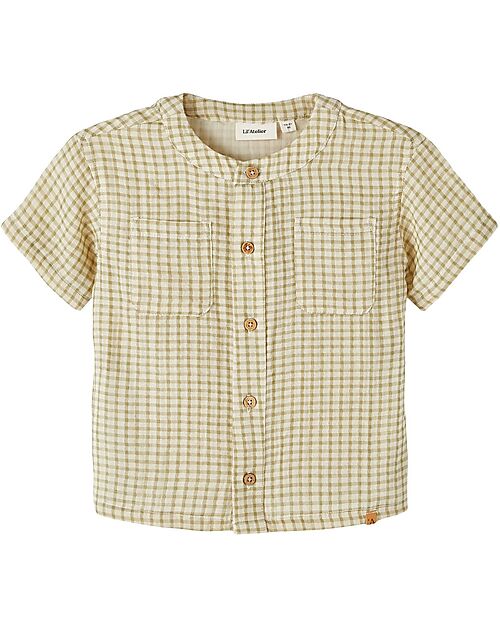 Lil Atelier Camicia Maniche Corte - Quadretti - Sage - Colletto alla Coreana - Lino e Cotone Camicie_