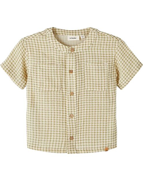 Lil Atelier Camicia Maniche Corte - Quadretti - Sage - Colletto alla Coreana - Lino e Cotone Camicie_