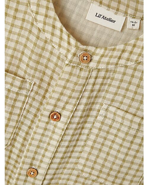 Lil Atelier Camicia Maniche Corte - Quadretti - Sage - Colletto alla Coreana - Lino e Cotone Camicie_